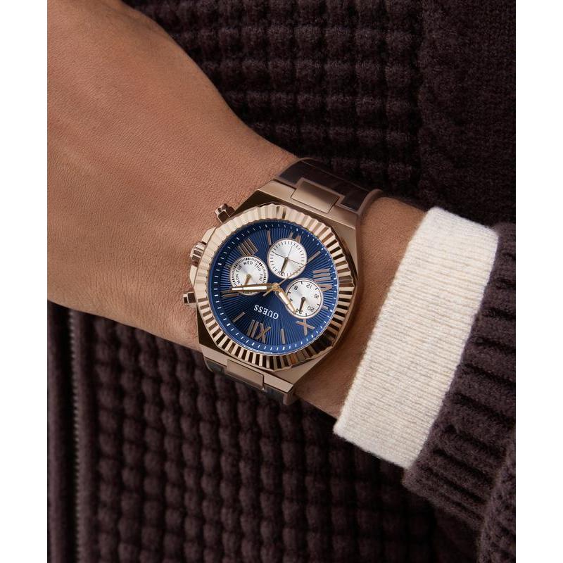Guess Equity Brown Coffee Multi‑Function Watch with Blue Dial