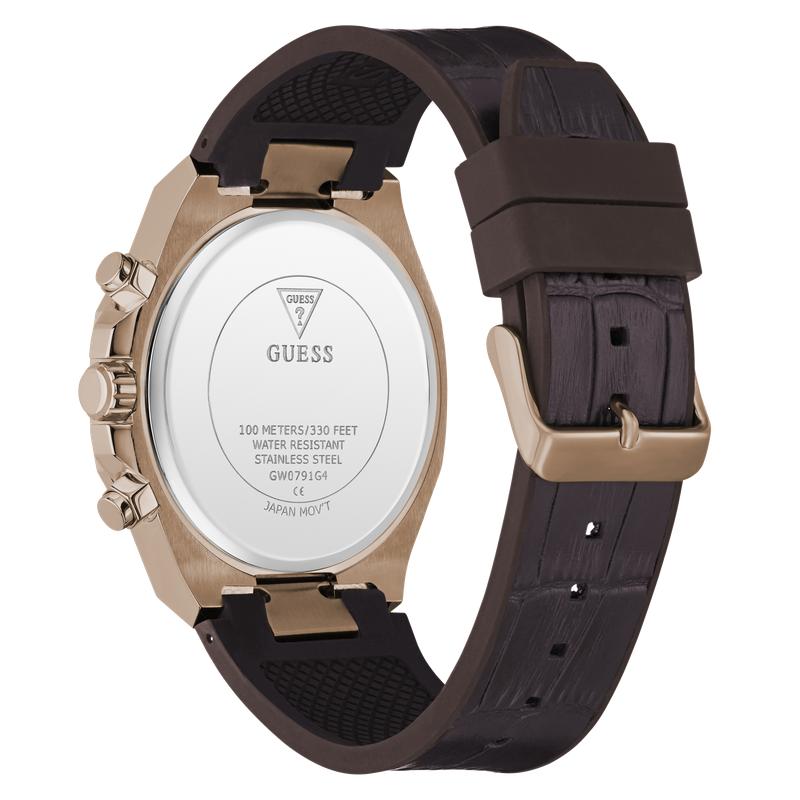 Guess Equity Brown Coffee Multi‑Function Watch with Blue Dial