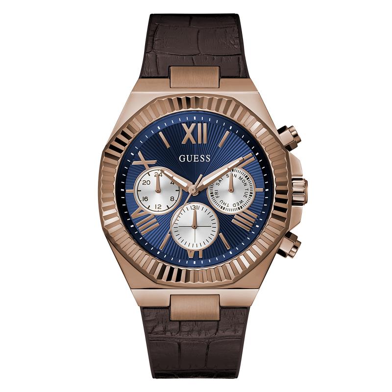 Guess Equity Brown Coffee Multi‑Function Watch with Blue Dial