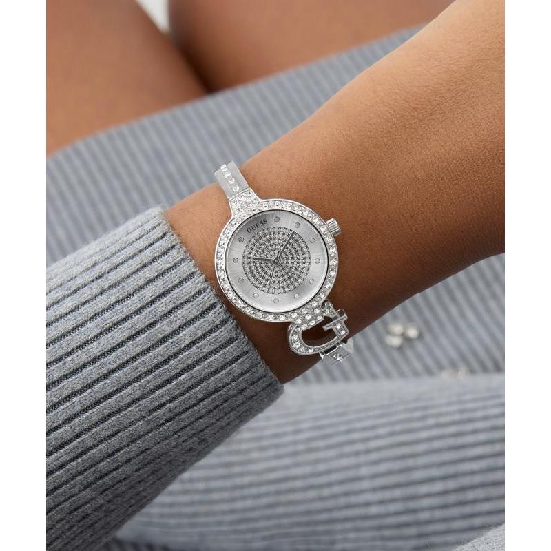 Guess Giselle Silver Tone Analog Watch with Crystal Bezel