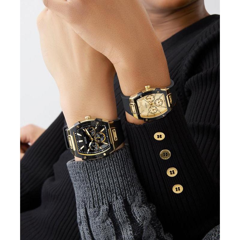 Guess Gold-Tone Black Strap Multi-Function Watch