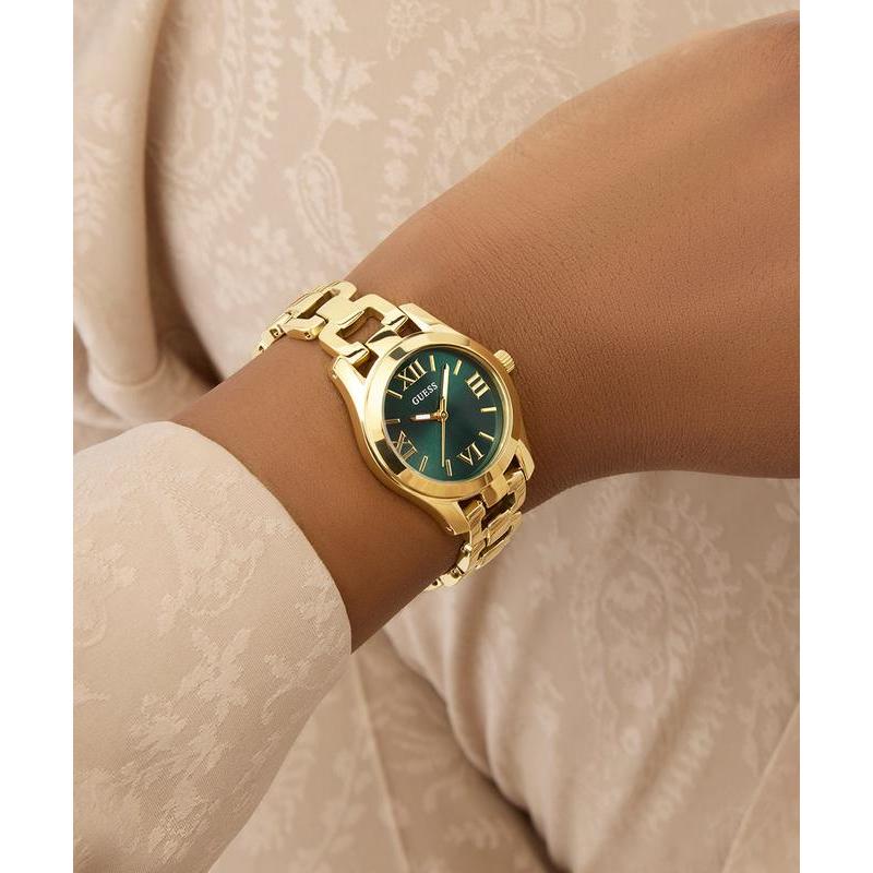 Guess Gold Tone Ladies Analog Watch with Green Dial