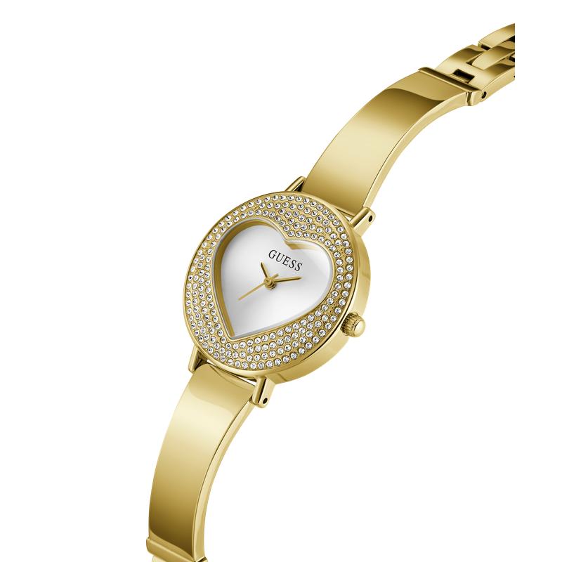 Guess Ladies Gold Tone Analog Watch with Heart‑Shaped Sunray Dial
