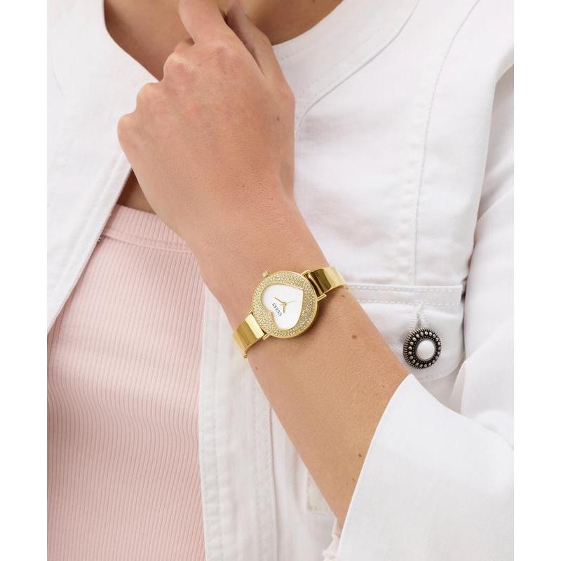 Guess Ladies Gold Tone Analog Watch with Heart‑Shaped Sunray Dial