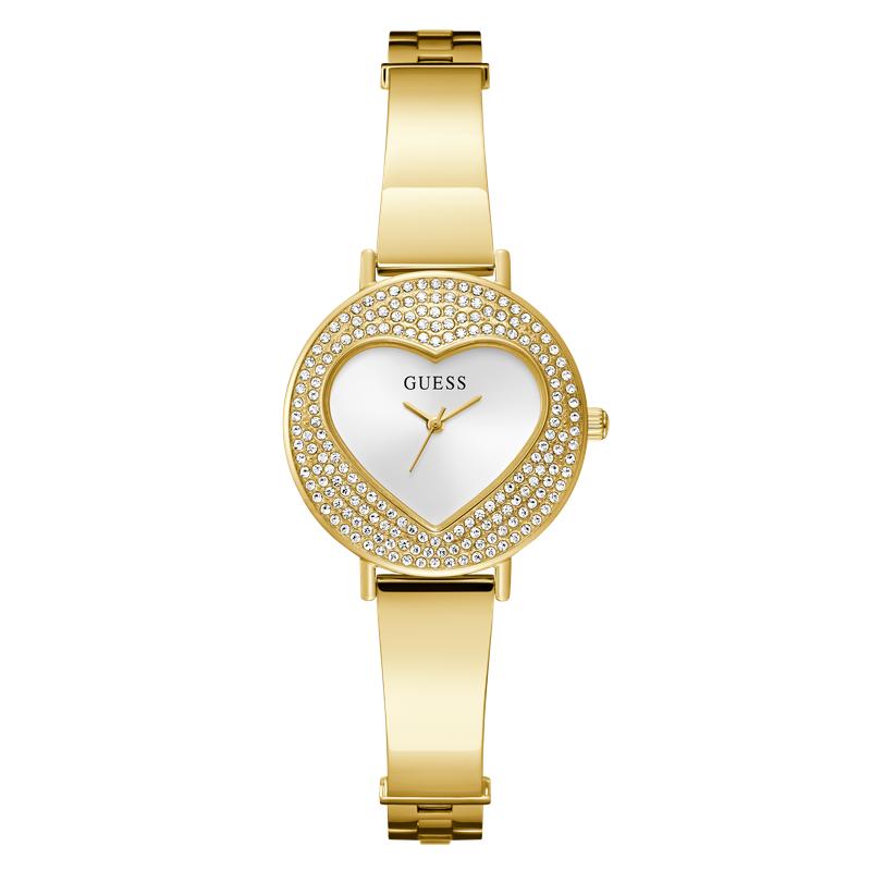Guess Ladies Gold Tone Analog Watch with Heart‑Shaped Sunray Dial