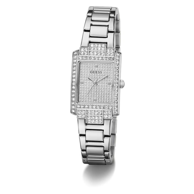 Guess Ladies Silver Tone Analog Watch with Diamond-Accented Bracelet