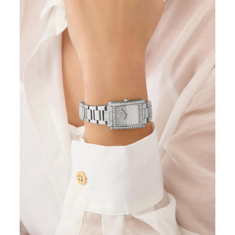 Guess Ladies Silver Tone Analog Watch with Diamond-Accented Bracelet