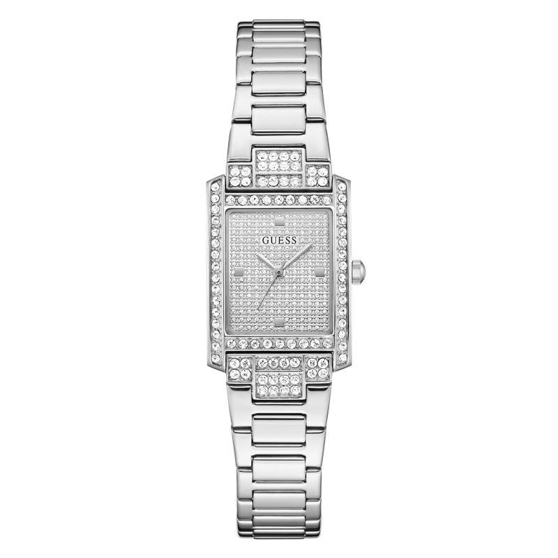 Guess Ladies Silver Tone Analog Watch with Diamond-Accented Bracelet
