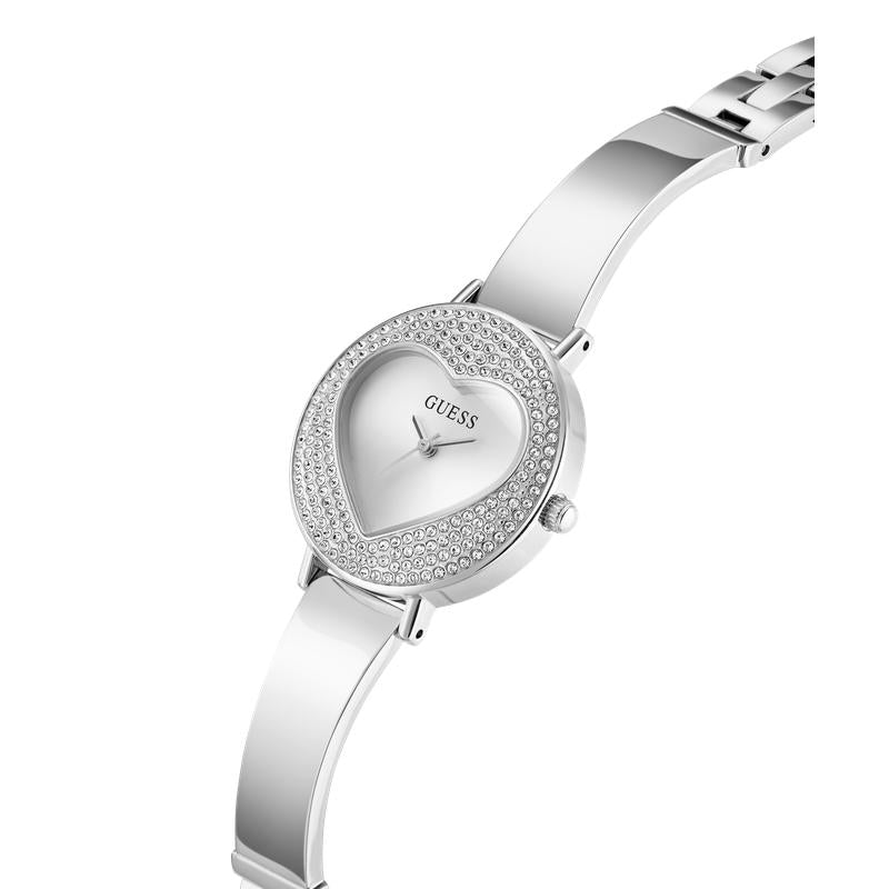 Guess Ladies Silver Tone Analog Watch with Heart-Shaped Dial