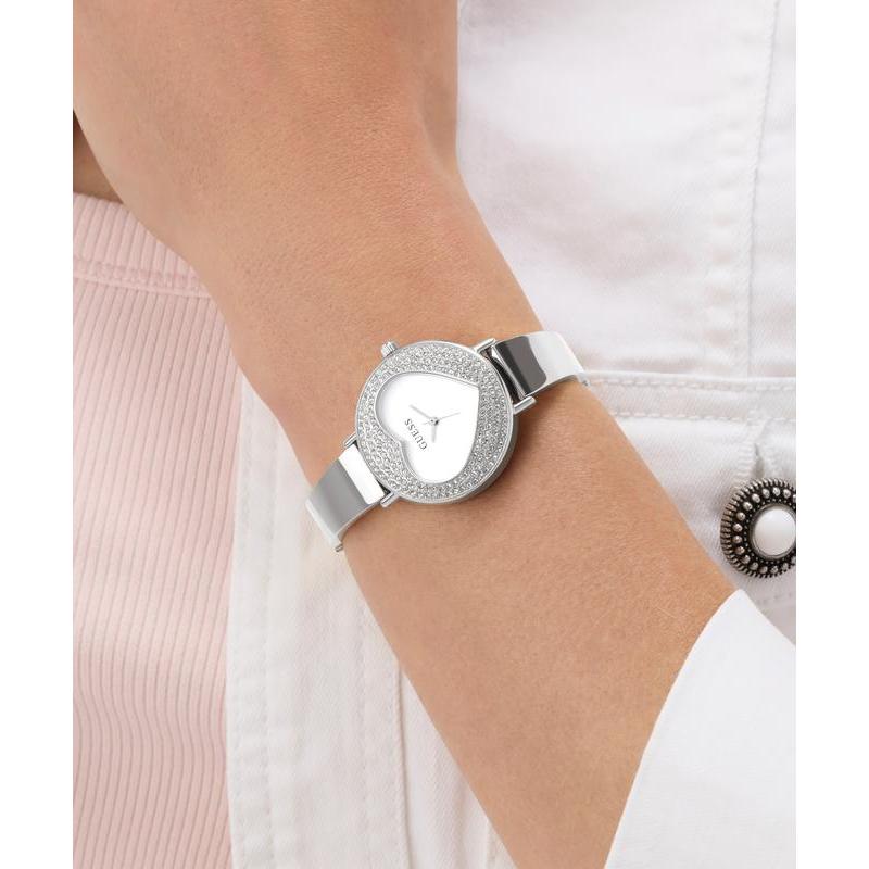 Guess Ladies Silver Tone Analog Watch with Heart-Shaped Dial