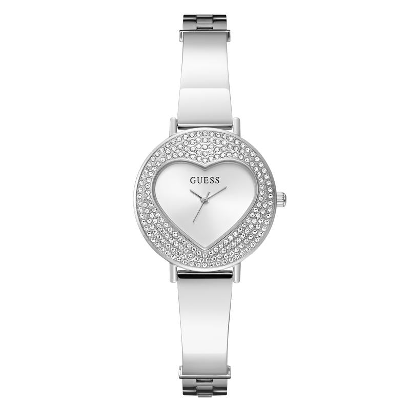 Guess Ladies Silver Tone Analog Watch with Heart-Shaped Dial