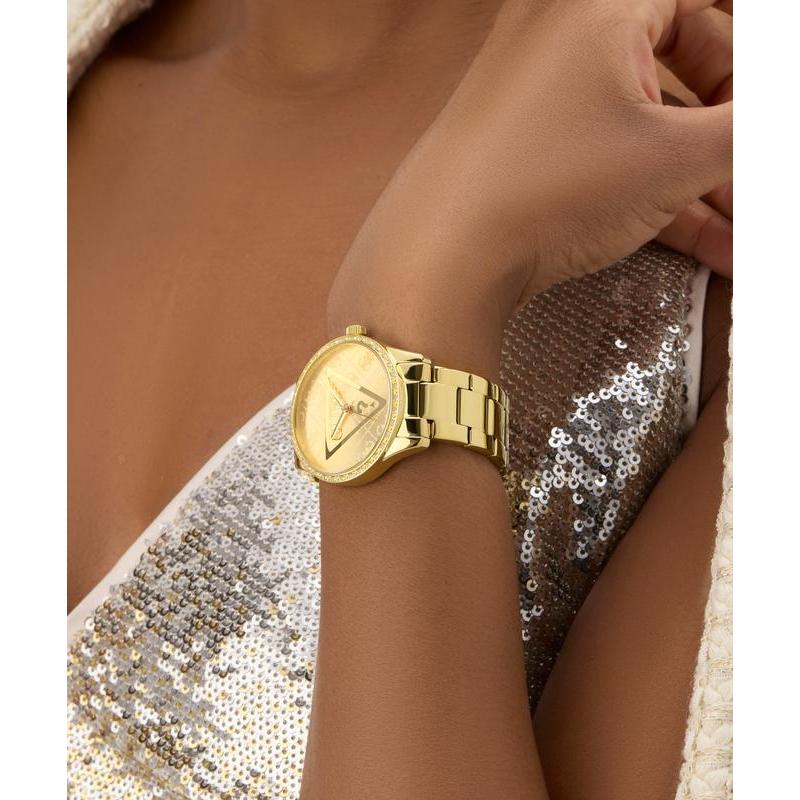 Guess Ladies Tone Analog Quartz Watch with Stoned Bezel