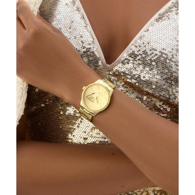 Guess Ladies Tone Analog Quartz Watch with Stoned Bezel