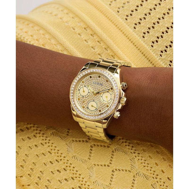 Guess Ladies Victoria Gold Tone Multi-Function Watch with Diamond-Studded Face
