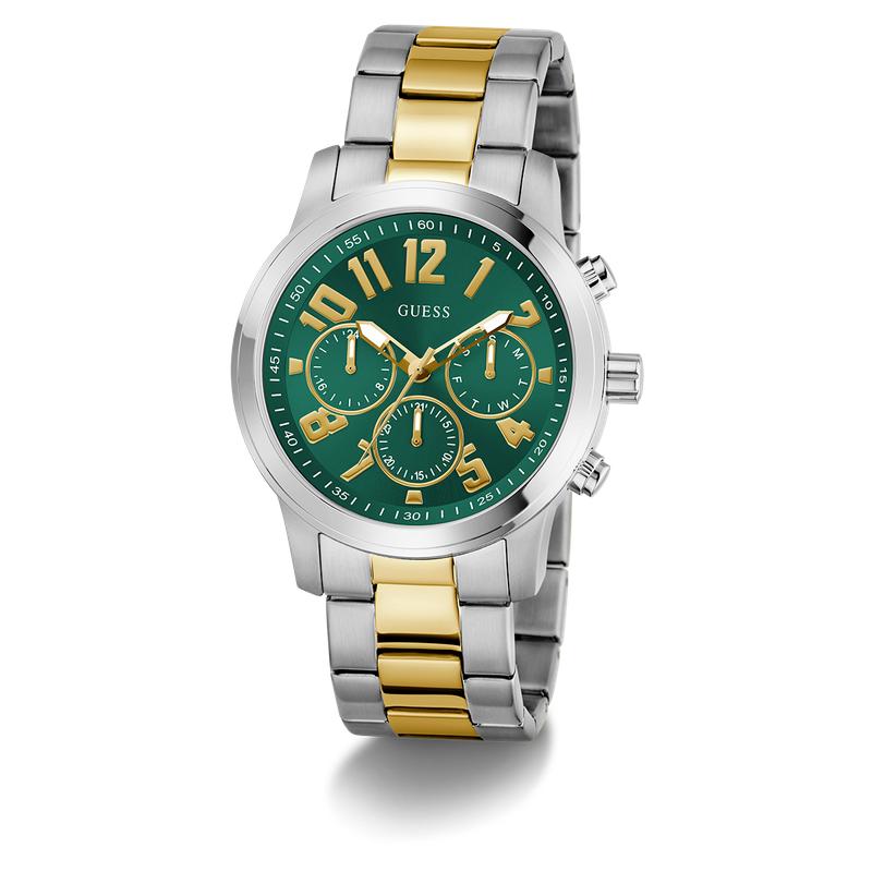 Guess Men's 2‑Tone Silver Gold Analog Watch with Green Dial