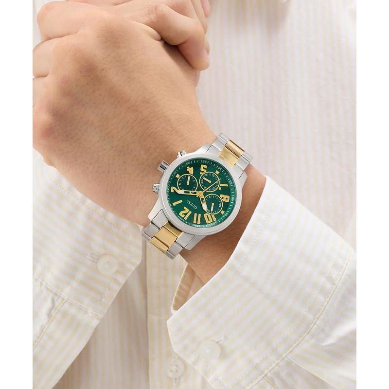 Guess Men's 2‑Tone Silver Gold Analog Watch with Green Dial