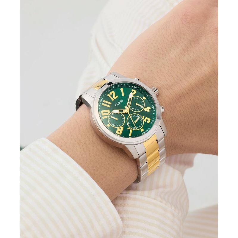 Guess Men's 2‑Tone Silver Gold Analog Watch with Green Dial