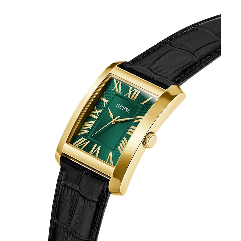 Guess Men's Black Gold Tone Analog Watch with Green Dial