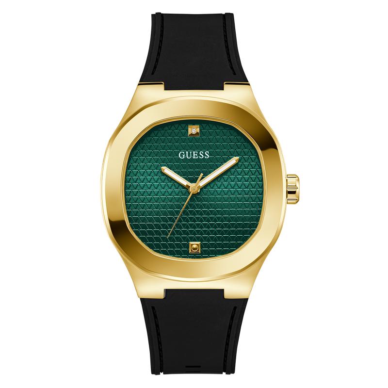 Guess Men's Black Gold‑Tone Analog Watch with Green Dial