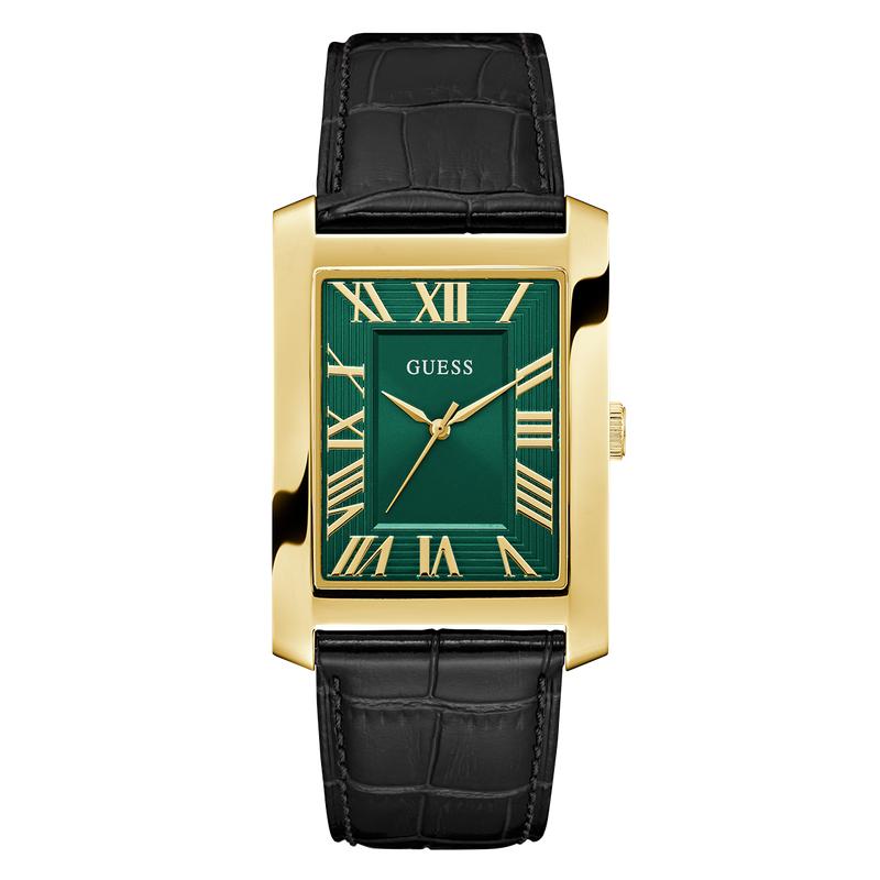 Guess Men's Black Gold Tone Analog Watch with Green Dial