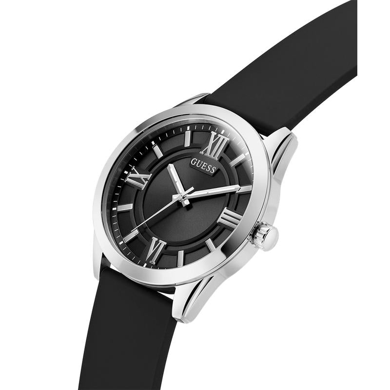 Guess Mens Black Silver Tone Analog Watch