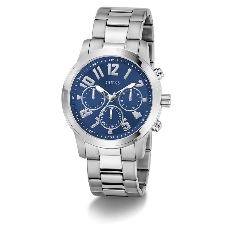 Guess Men's Silver Tone Analog Watch with Deep Blue Dial