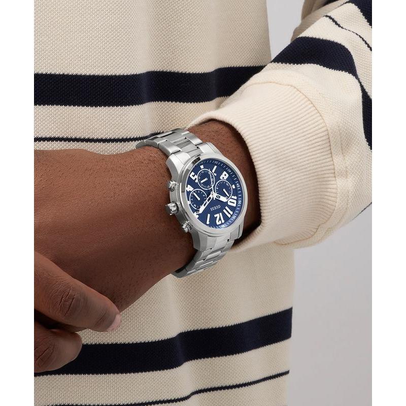 Guess Men's Silver Tone Analog Watch with Deep Blue Dial