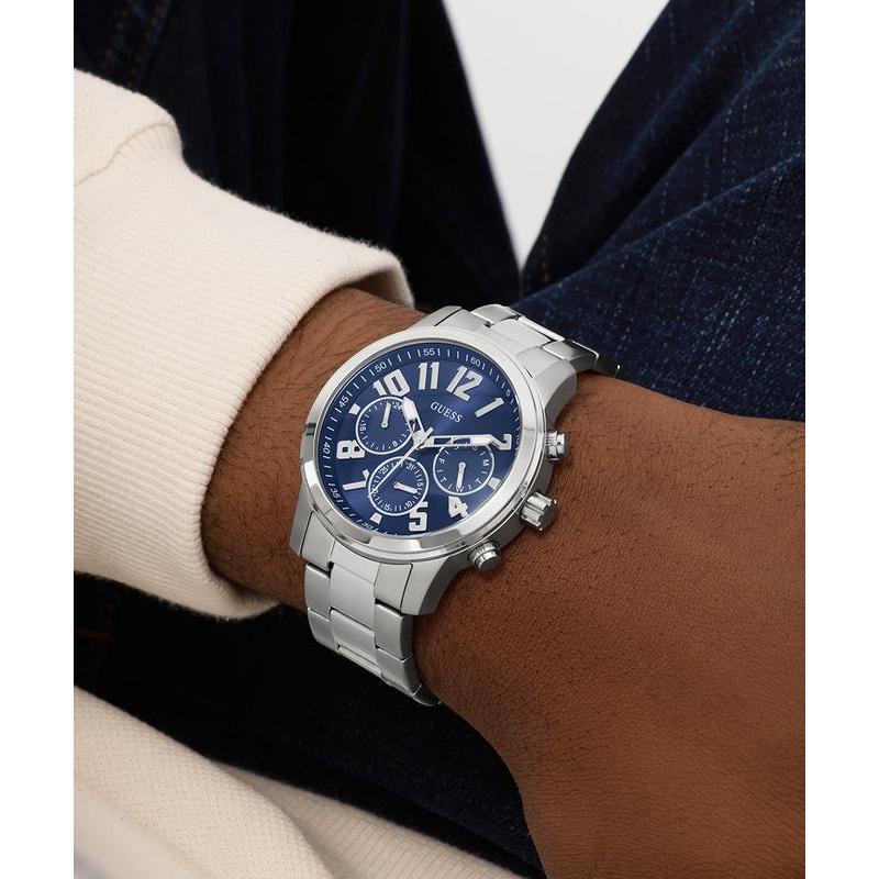 Guess Men's Silver Tone Analog Watch with Deep Blue Dial