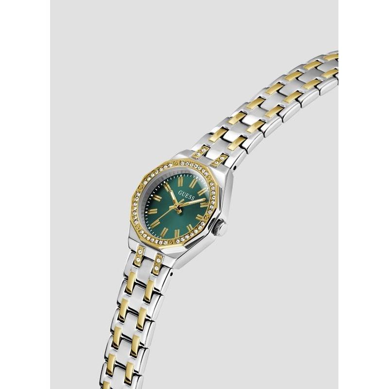 Guess Silver Gold Two-Tone Women's Watch with Green Dial