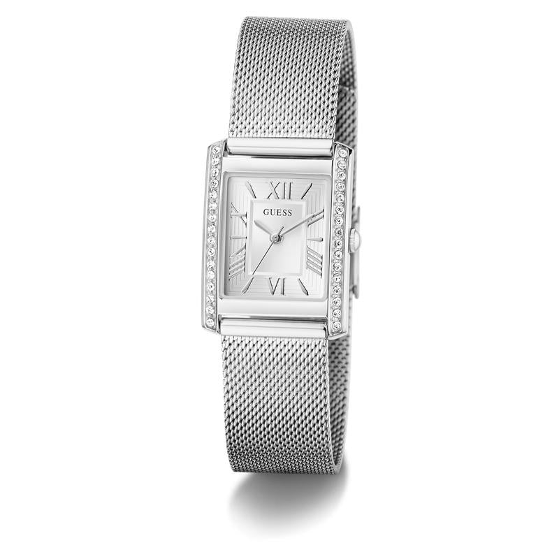 Guess Silver Tone Ladies Analog Watch with Mesh Bracelet
