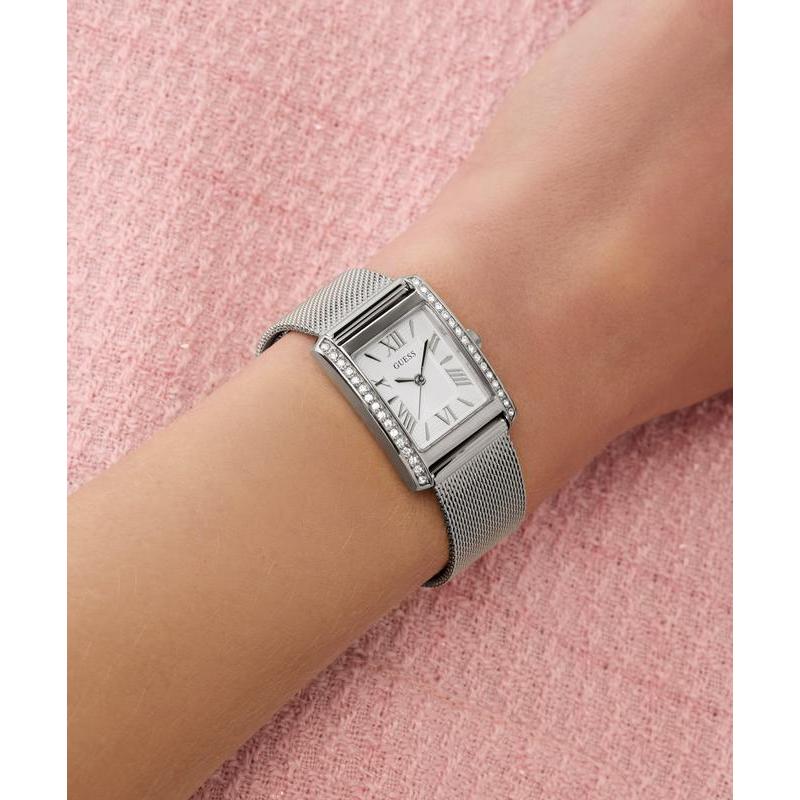 Guess Silver Tone Ladies Analog Watch with Mesh Bracelet