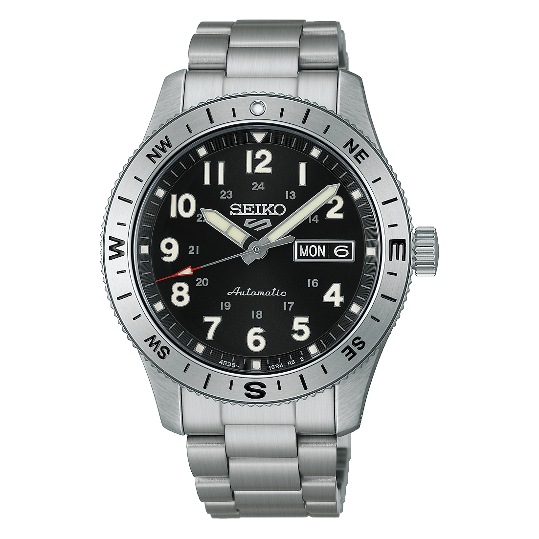Seiko 5 Sports Field HDB006K1 black dial, compass bezel, stainless steel case and bracelet