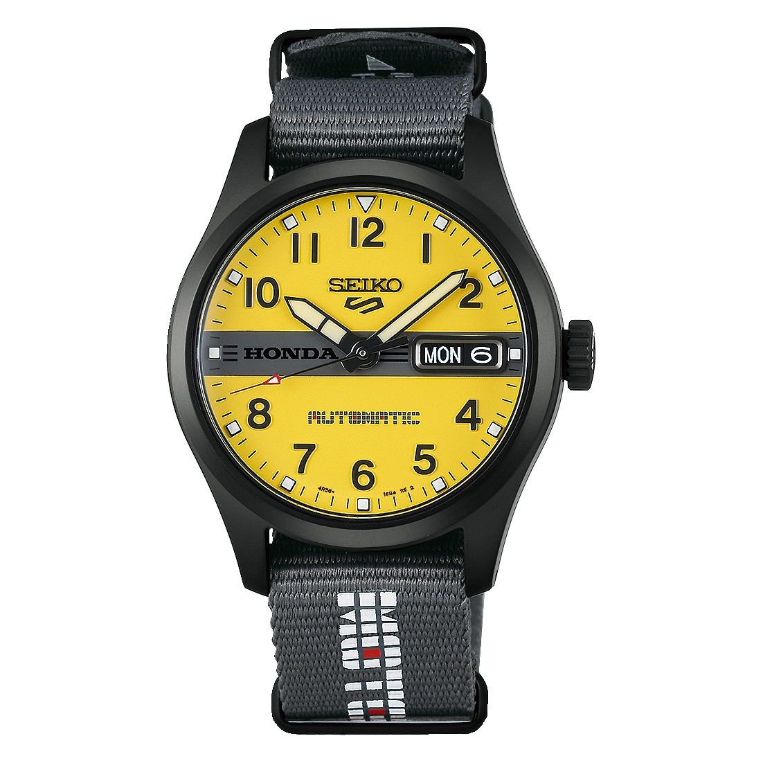Seiko 5 Sports Field "MOTOCOMPO" HDB010K1 yellow dial, black case, grey nylon strap with Honda branding