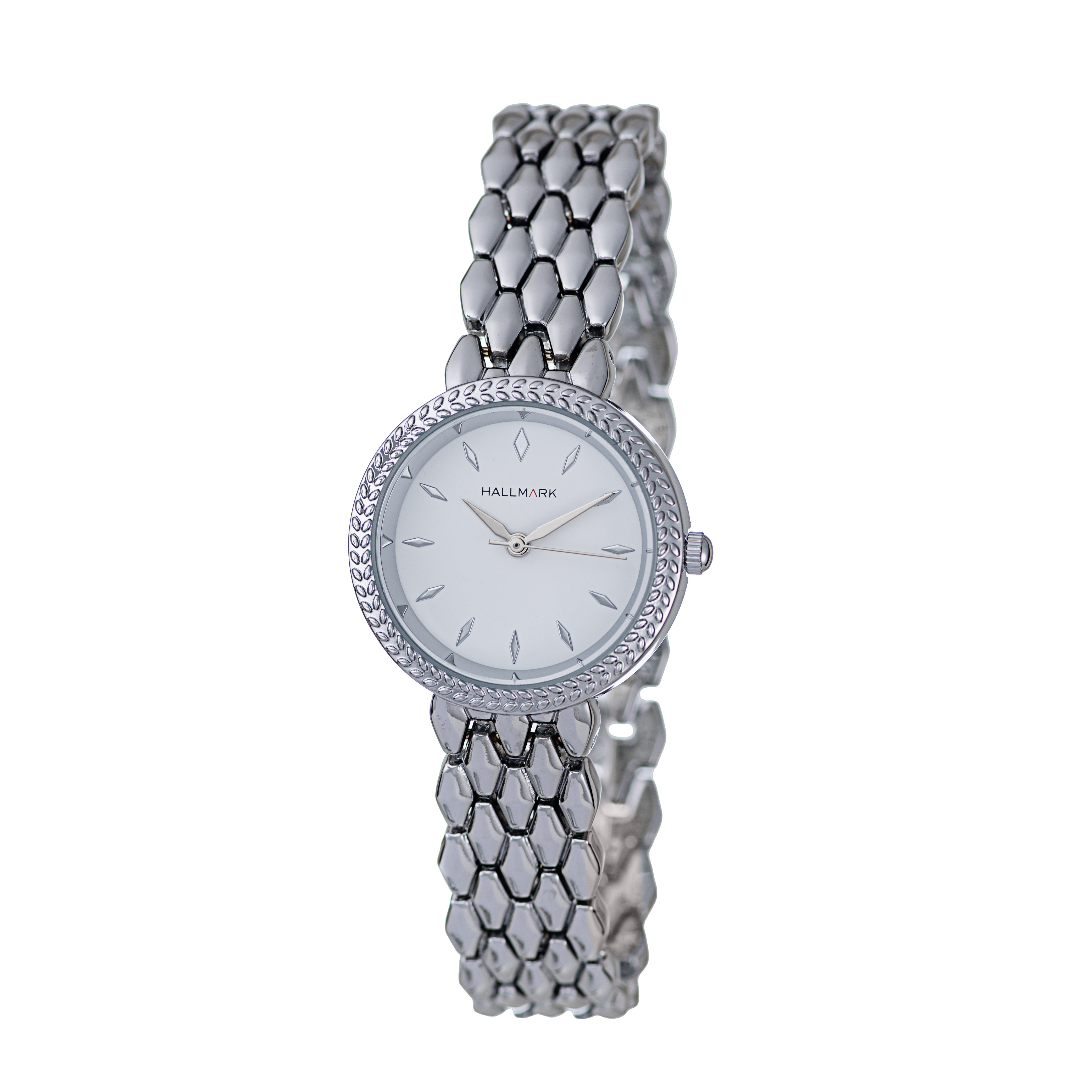 Hallmark Ladies’ Silver-Tone Watch with White Dial and Textured Bracelet