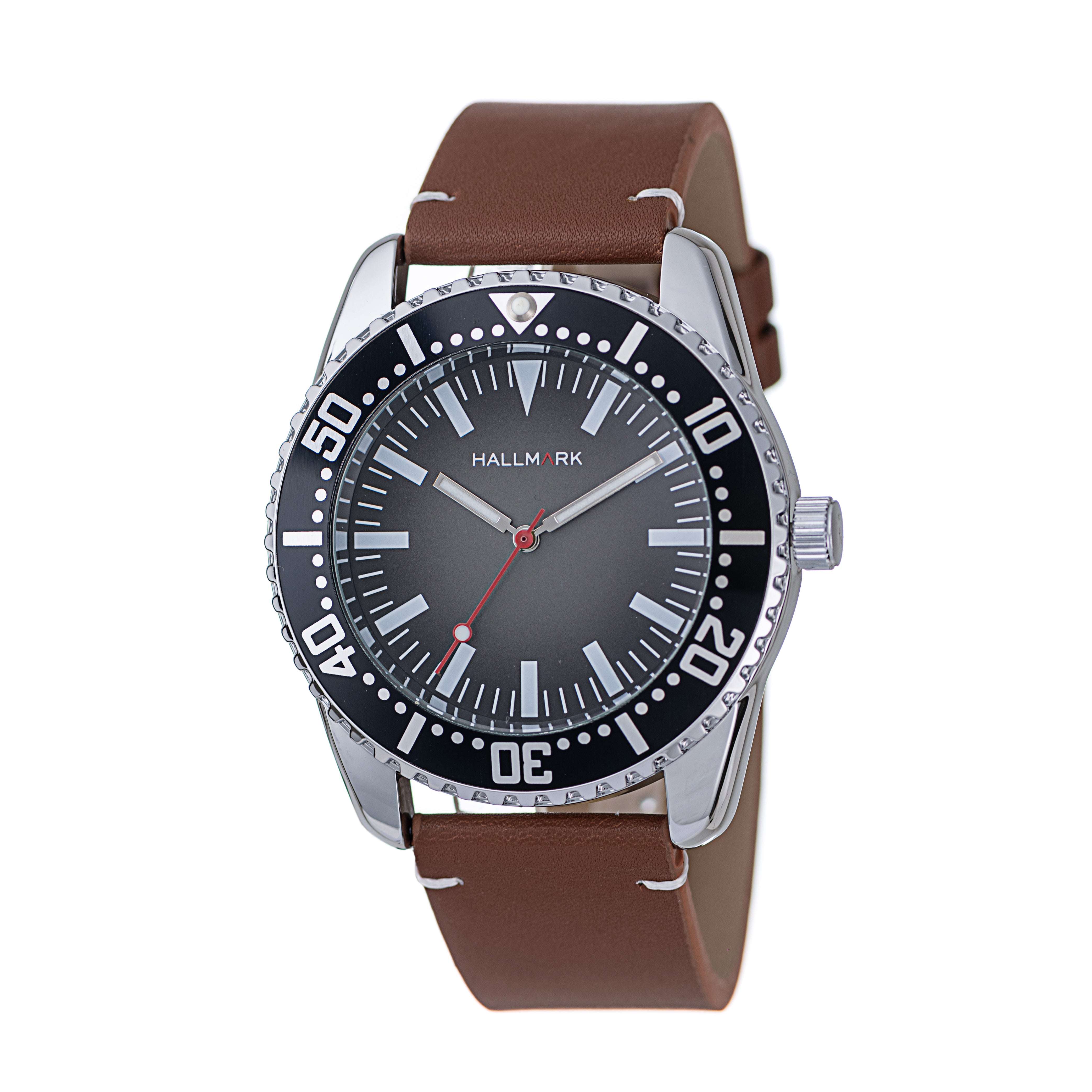 Hallmark Men’s Silver-Tone Sports Watch with Black Dial and Brown Leather Strap