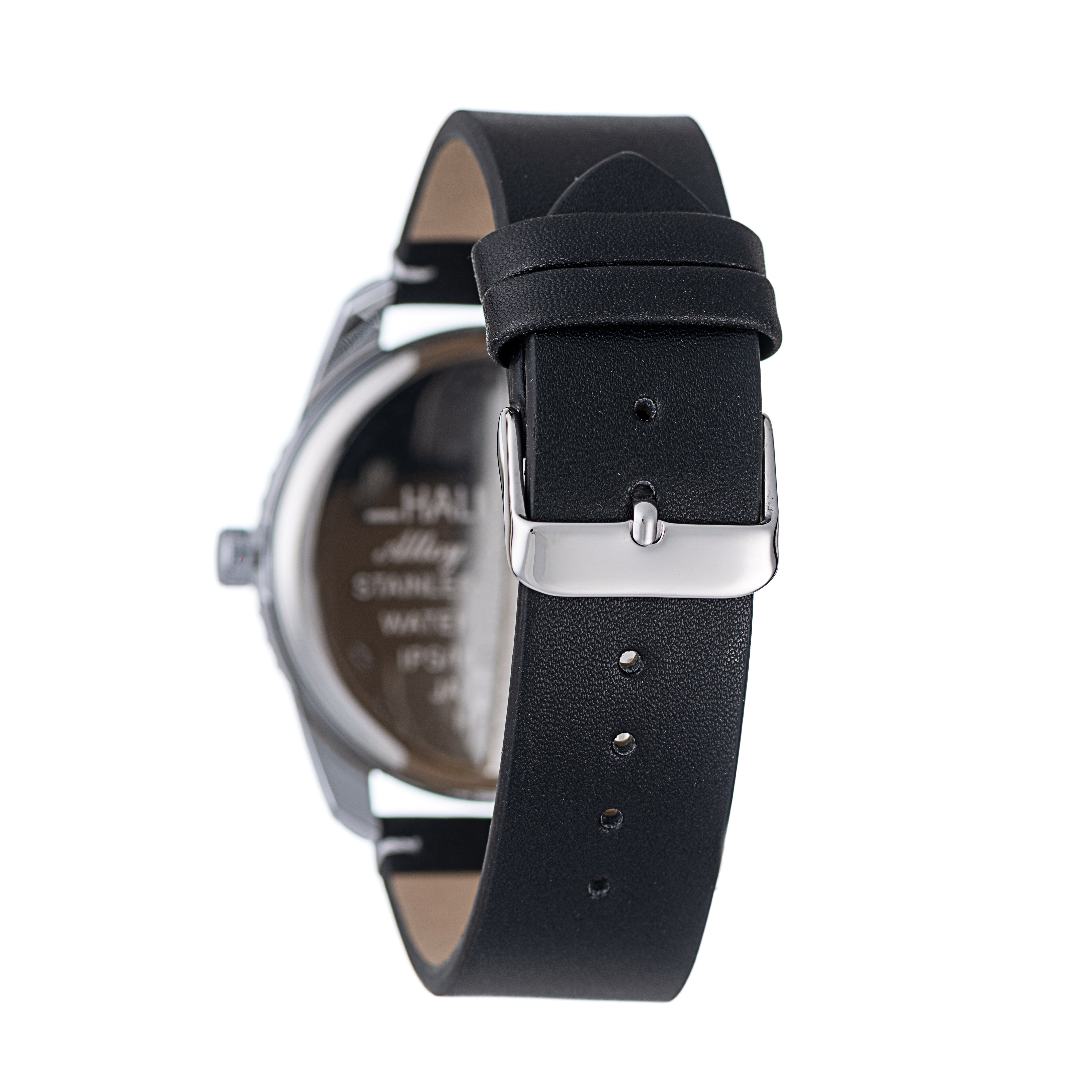 Hallmark Men’s Silver-Tone Sports Watch with Black Dial and Black Leather Strap