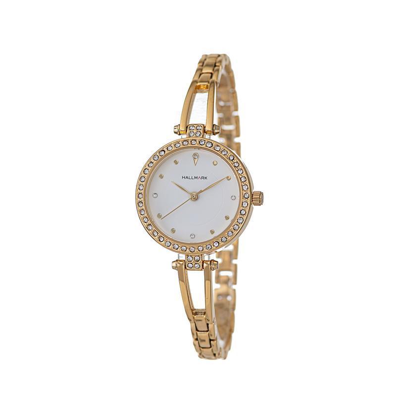 Hallmark Ladies Gold-Tone Crystal Bezel Bracelet Watch