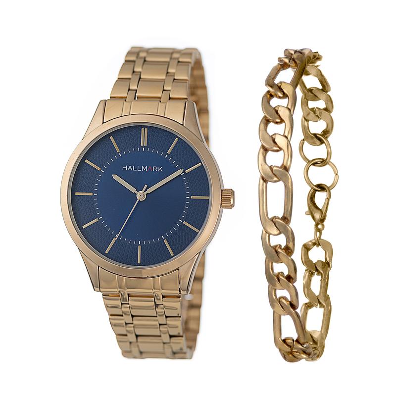 Hallmark Men's Gold-Tone Blue Dial Watch & Gold Chain Bracelet Gift Set