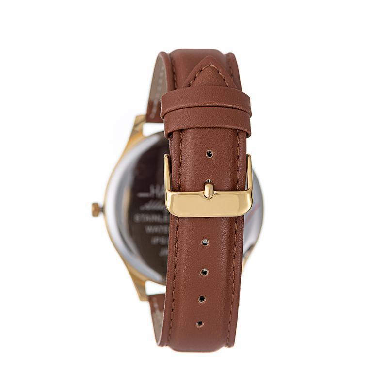 Hallmark Men’s Gold-Tone Watch with Blue Dial and Brown Leather Strap