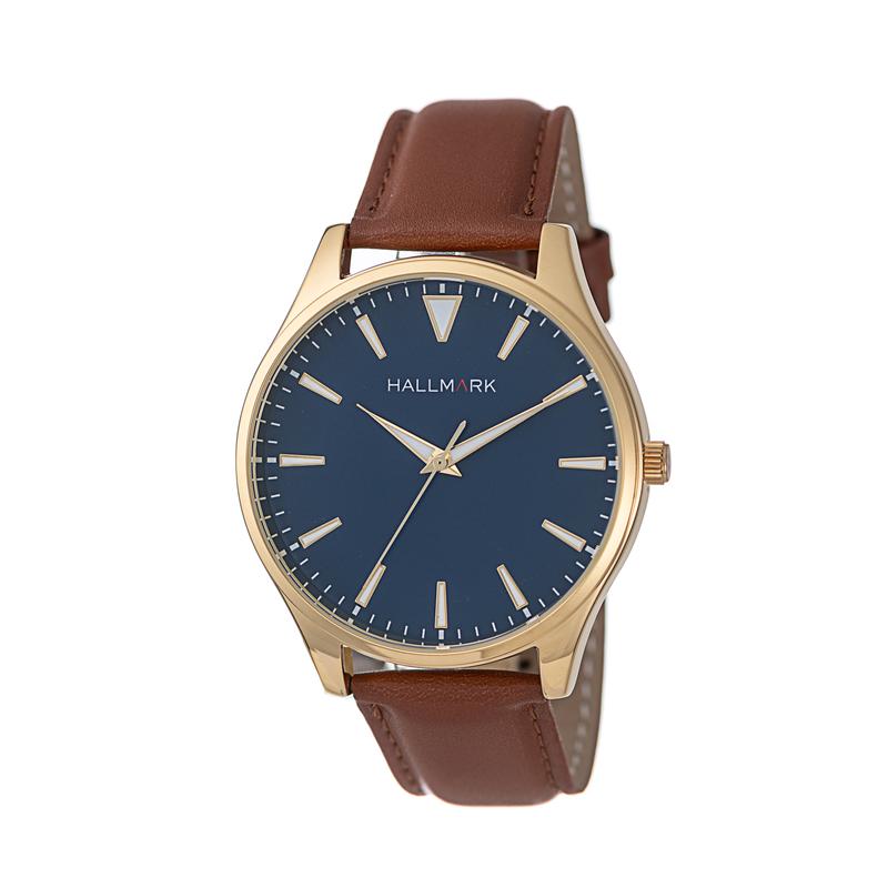 Hallmark Men’s Gold-Tone Watch with Blue Dial and Brown Leather Strap