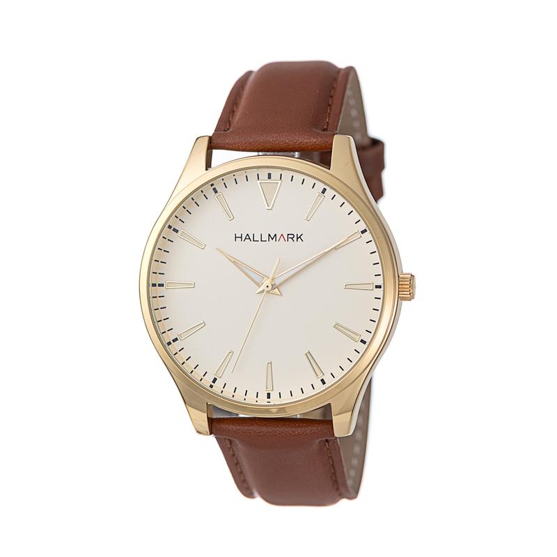 Hallmark Men’s Gold-Tone Watch with Champagne Dial and Brown Leather Strap