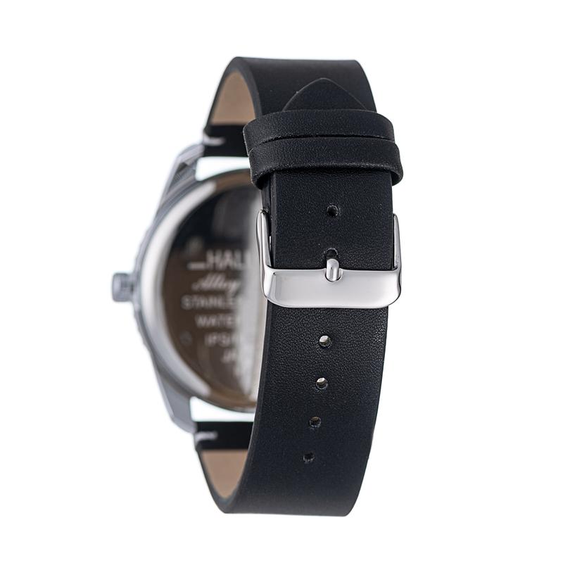 Hallmark Men’s Silver-Tone Sports Watch with Black Dial and Black Leather Strap