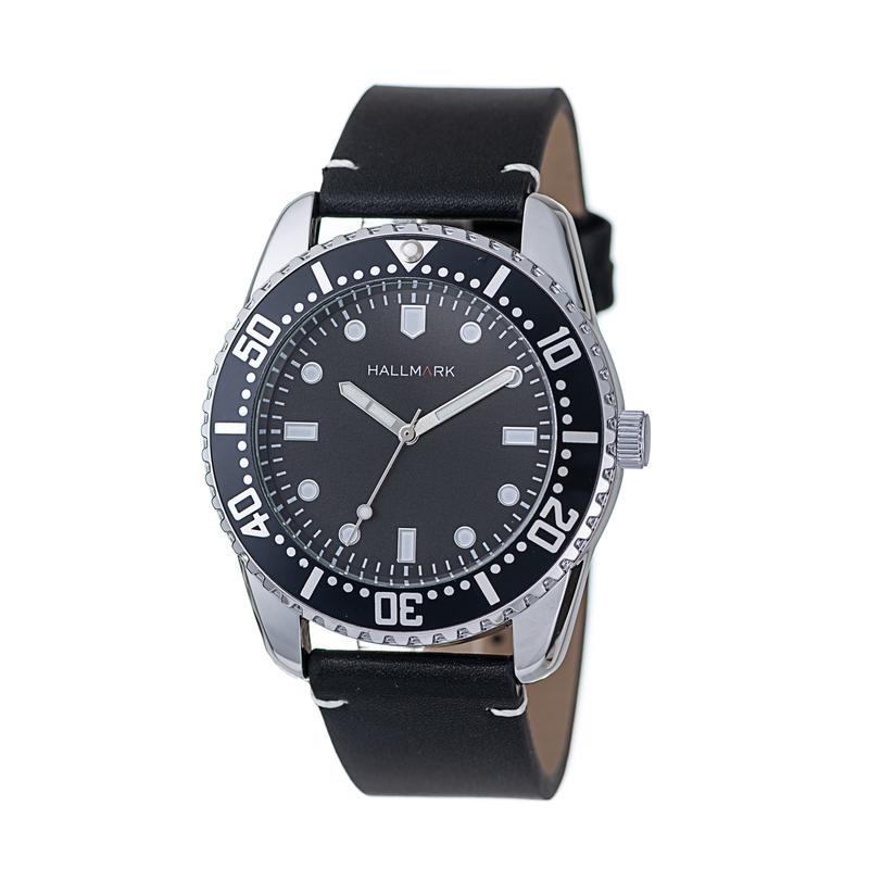 Hallmark Men’s Silver-Tone Sports Watch with Black Dial and Black Leather Strap