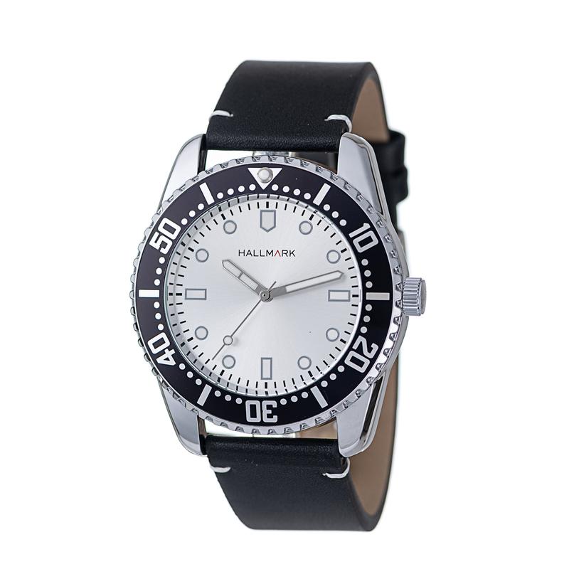 Hallmark Men’s Silver-Tone Sports Watch with Silver Dial and Black Leather Strap