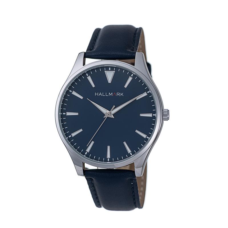 Hallmark Men’s Silver-Tone Watch with Blue Dial and Matching Leather Strap