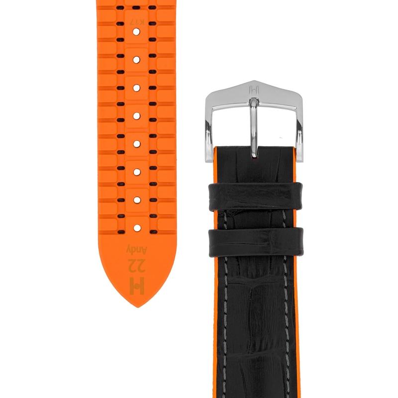 Hirsch ANDY Alligator Embossed Performance Watch Strap in BLACK / ORANGE