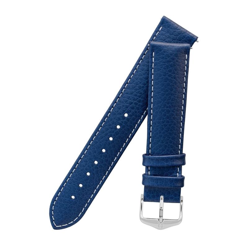 Hirsch KANSAS Buffalo-Embossed Calf Leather Watch Strap in BLUE with White Stitch