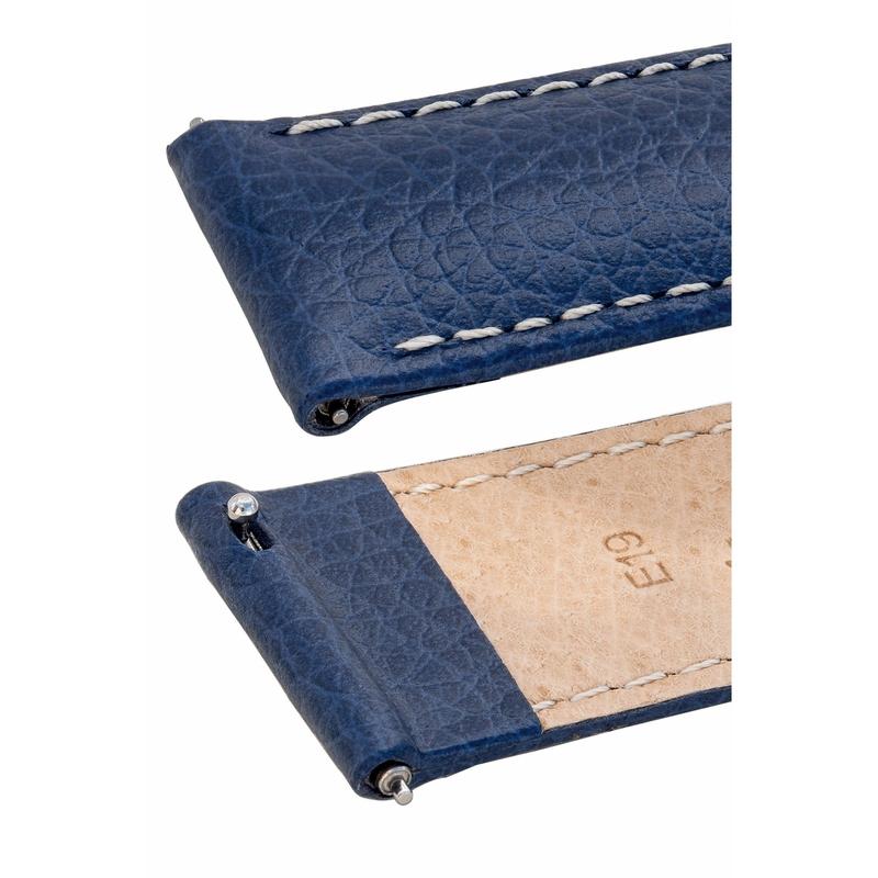 Hirsch KANSAS Buffalo-Embossed Calf Leather Watch Strap in BLUE with White Stitch