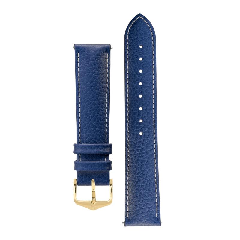 Hirsch KANSAS Buffalo-Embossed Calf Leather Watch Strap in BLUE with White Stitch