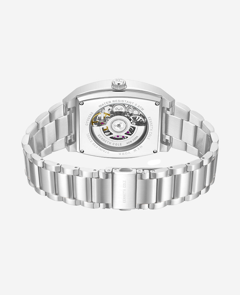 Kenneth Cole New York Skeleton Automatic Black Dial Stainless Steel Bracelet Watch Silver
